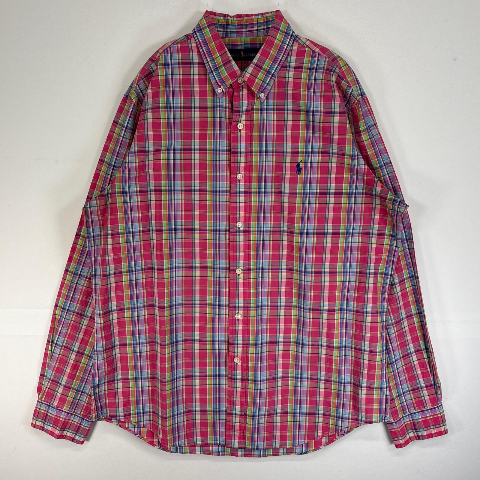 古着 ラルフローレン RALPH LAUREN 長袖シャツ ロゴ 刺繍 チェック ボタンダウン L  ピンク系 マルチカラー メンズ