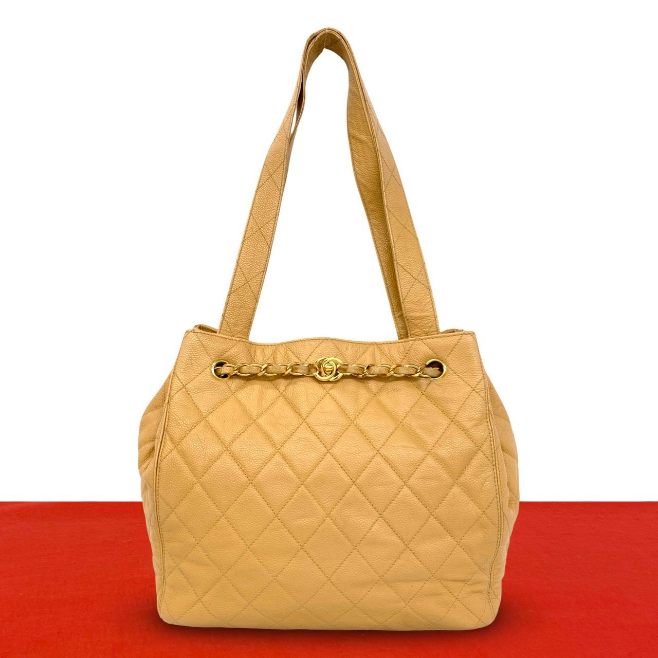 CHANEL シャネル マトラッセ ココマーク キャビアスキン トートバッグ ベージュ
d98-7