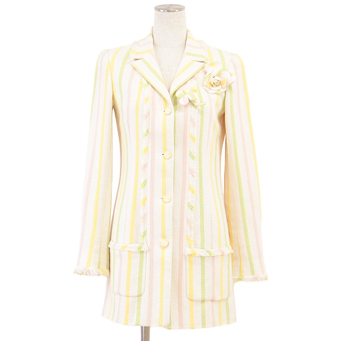 美品 シャネル ツイード マルチストライプ ブローチ付属 ジャケット レディース オフホワイト マルチカラー 36 CHANEL