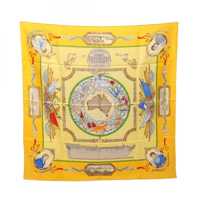 エルメス HERMES カレ90 LE GÉOGRAPHE スカーフ 衣料品 シルク シルク レディース イエロー系 / マルチカラー 【中古】