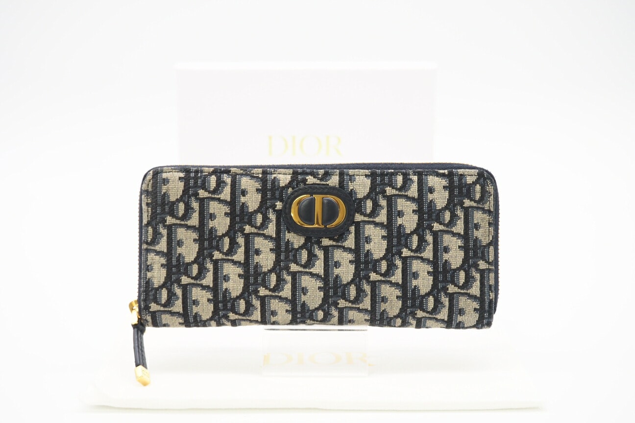 美品 Dior ディオール オブリーク ジャカード モンテーニュ ラウンドファスナー ウォレット 長財布 ネイビー ベージュ キャンバス レディース