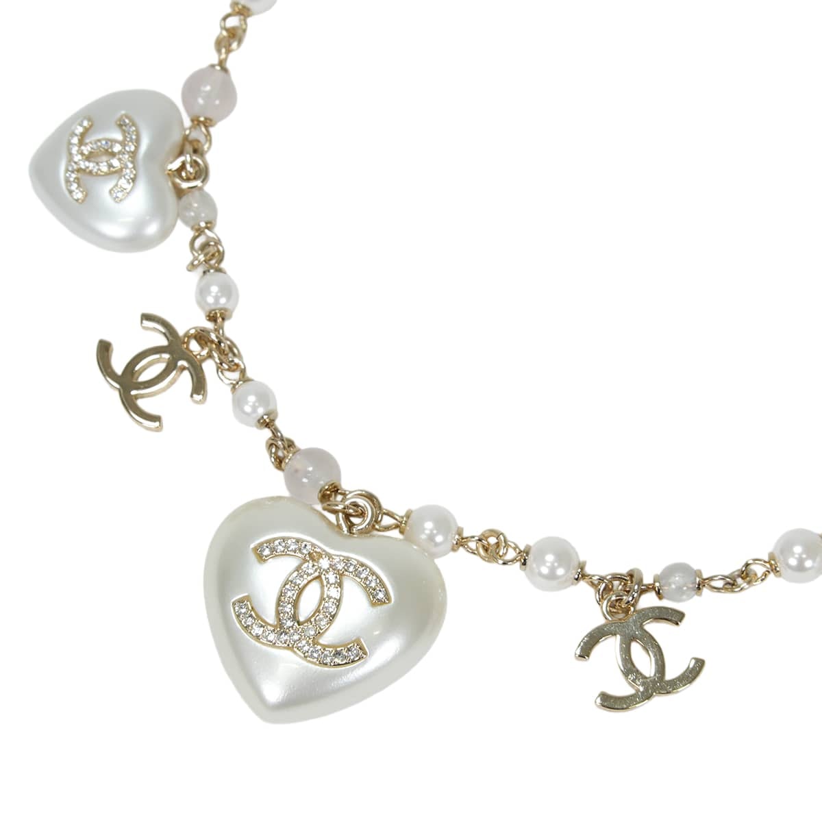 CHANEL シャネル ネックレス ラインストーン ハート ココマーク パール チェーン パールグレー/クリア メタル/ストラス/コスチュームパール/グラスストーン シャンパンゴールド金具 新品未使用