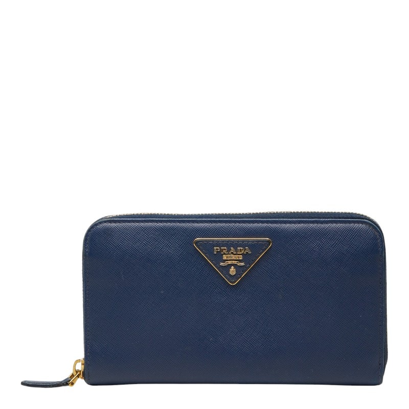 プラダ 三角ロゴプレート ラウンドファスナー 長財布 1M0506 ネイビー サフィアーノレザー レディース PRADA 【中古】