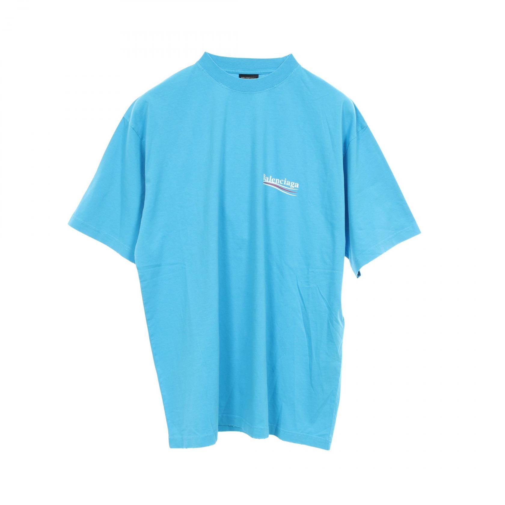 バレンシアガ BALENCIAGA プリントロゴ ダメージ加工 半袖Tシャツ 衣料品 トップス コットン メンズ レディース ブルー系 【中古】