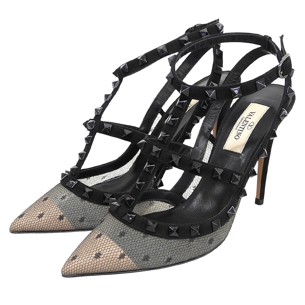 ヴァレンティノガラヴァーニ 新品同様 ロックスタッズ レース アンクルストラップ ヒール パンプス 黒 36 1/2 TW2S0393 36.5