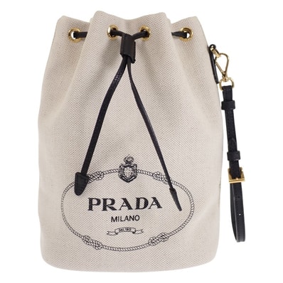 プラダ PRADA MISTOLINO キャンバス 巾着型 1NE369 ポーチ レザー リネン アイボリー ゴールド金具 レディース【中古】【Aランク】