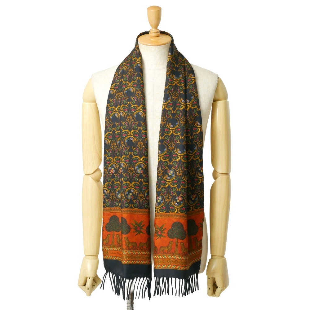 ■美品■Salvatore Ferragamo サルヴァトーレフェラガモ ストール カシミヤ × シルク フリンジ マフラー ブランド古着【中古】20260429/RA8915