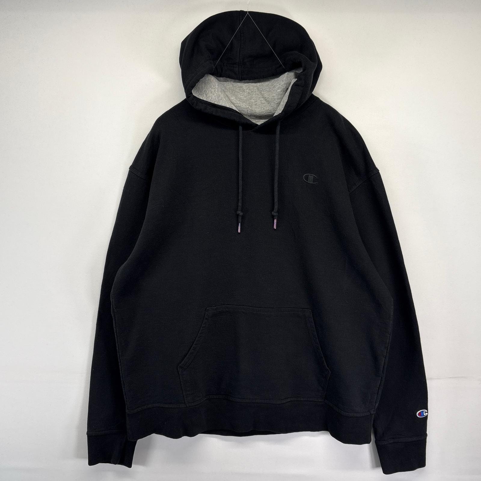 古着 チャンピオン Champion パーカー スウェット ワンポイントロゴ刺繍 プルオーバー フーディ XL  ブラック メンズ