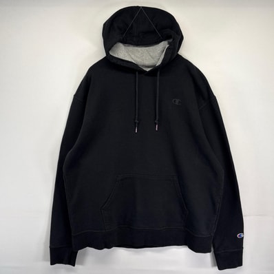 古着 チャンピオン Champion パーカー スウェット ワンポイントロゴ刺繍 プルオーバー フーディ XL ブラック メンズ