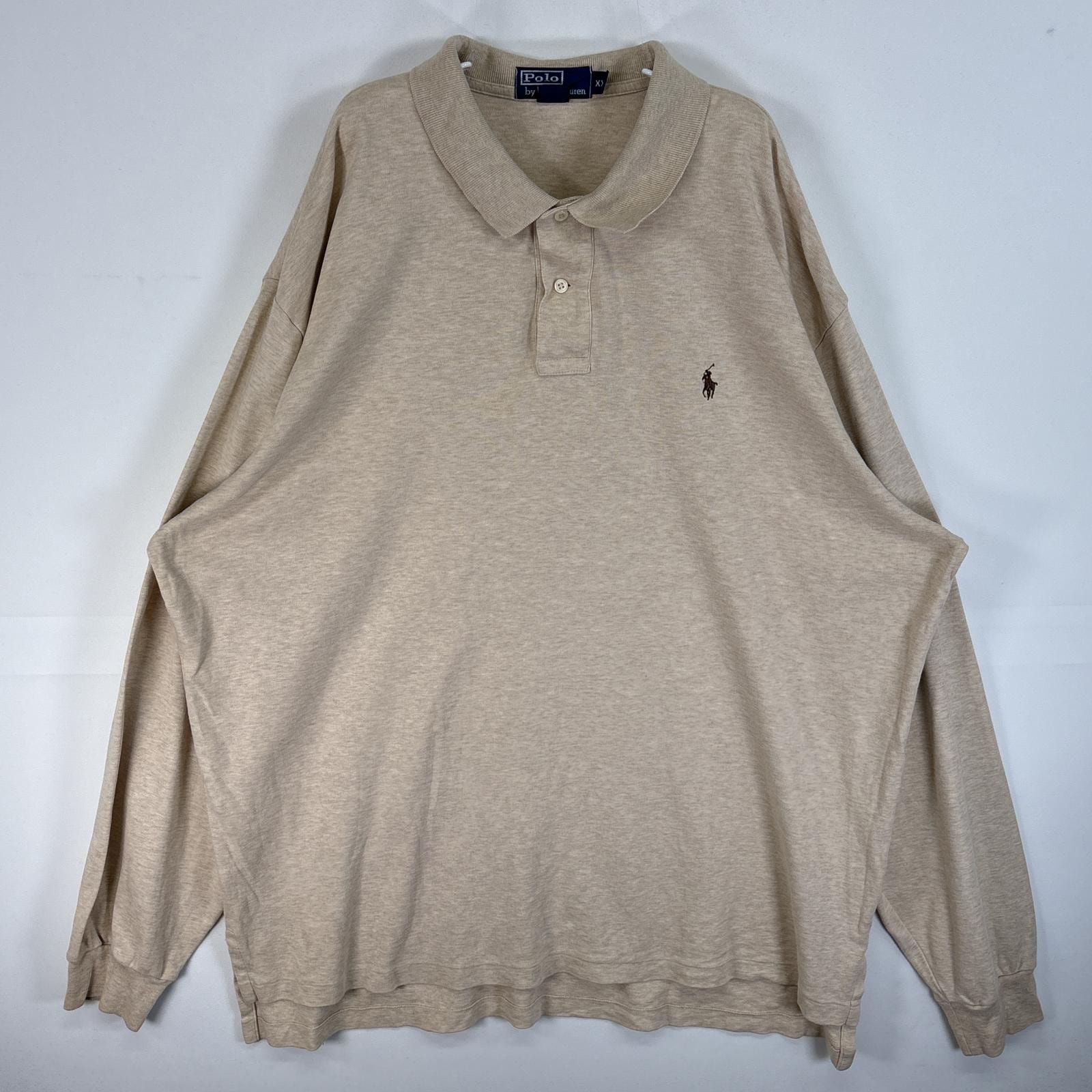 古着 90's/90年代 ポロバイラルフローレン Polo by Ralph Lauren 長袖 ポロシャツ ロゴ 刺繍 2ボタン 大きいサイズ 14041  ベージュ 無地 メンズ