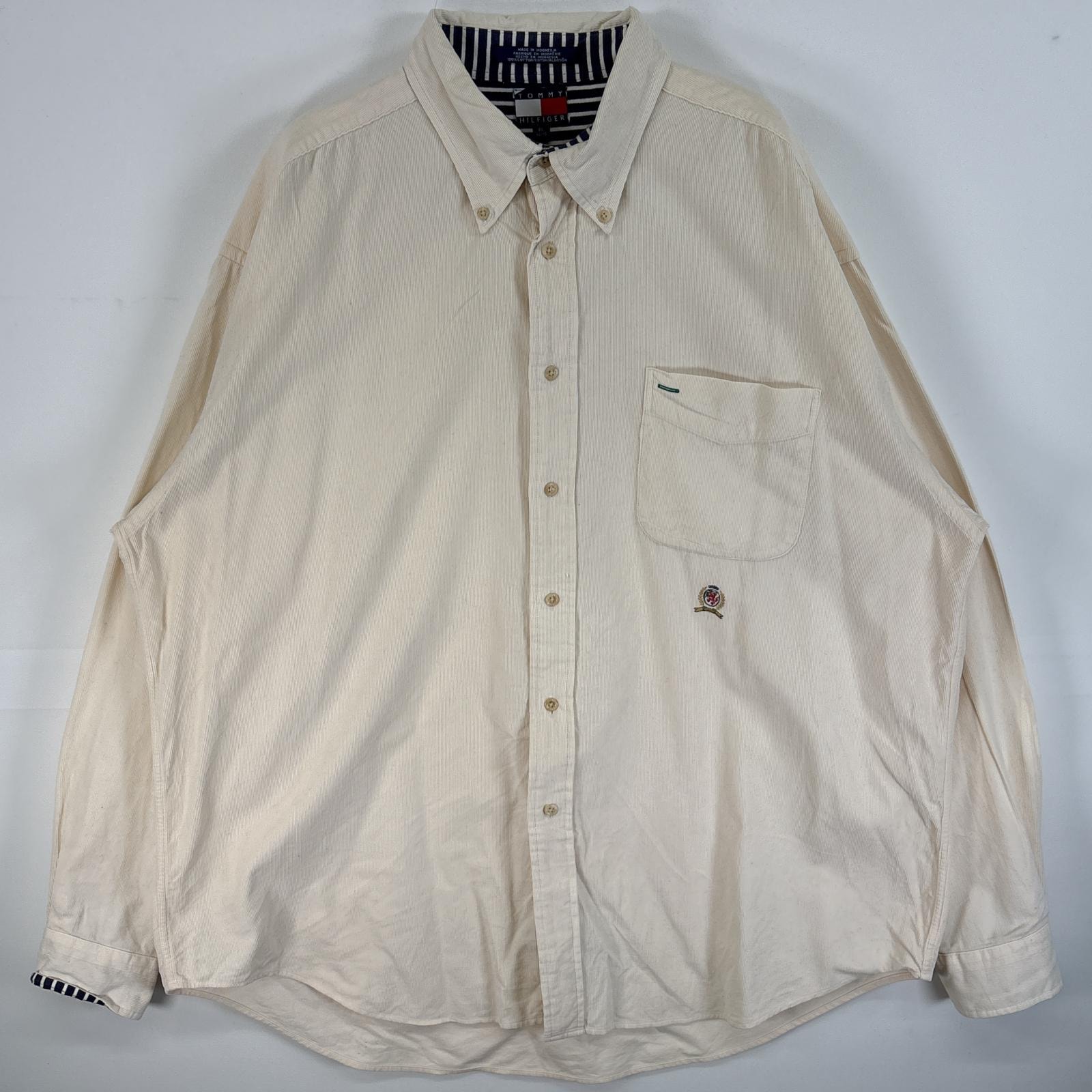 古着 90's/90年代 トミーヒルフィガー TOMMY HILFIGER コーデュロイ 長袖シャツ 細畝 ロゴ 刺繍 大きいサイズ XL  ホワイト 無地 メンズ