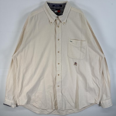 古着 90's/90年代 トミーヒルフィガー TOMMY HILFIGER コーデュロイ 長袖シャツ 細畝 ロゴ 刺繍 大きいサイズ XL ホワイト 無地 メンズ