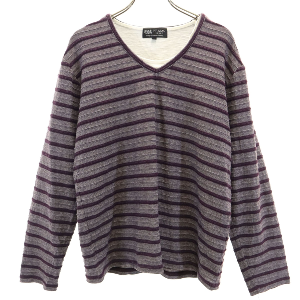 BEAMS HEART ビームスハート ボーダー柄 長袖 レイヤード カットソー M パープルグレー系