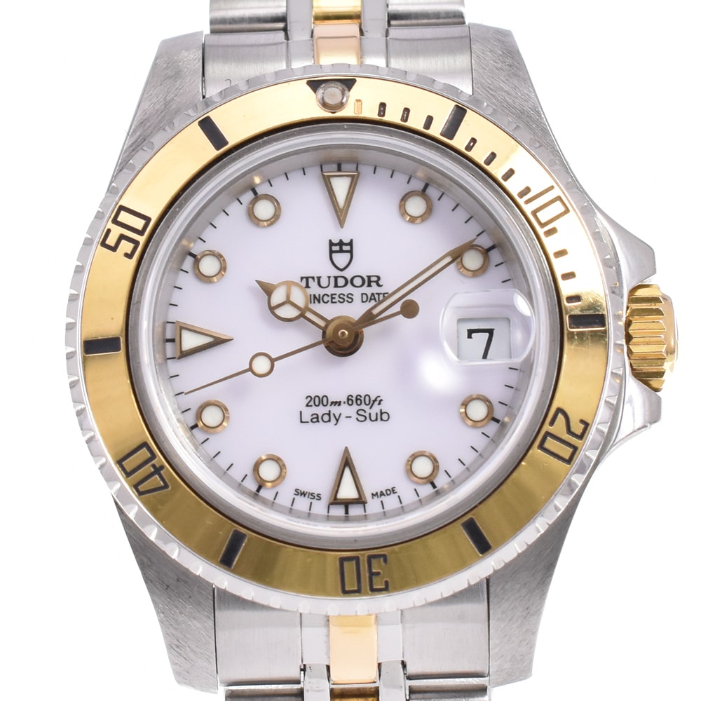 チューダー TUDOR 96093 プリンセス デイト レディーサブ デイト ホワイト YG/SS 自動巻き レディース 良品 箱付き 腕時計 D#146954