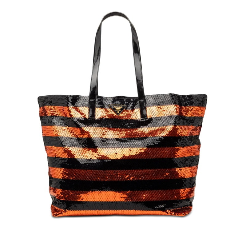 プラダ 三角ロゴ トートバッグ ハンドバッグ BR4727 ブラック オレンジ スパンコール エナメル レディース PRADA 中古