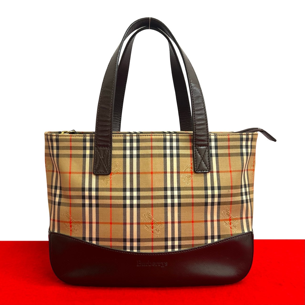 BURBERRY バーバリー ノバチェック 柄 レザー キャンバス ハンドバッグ ブラウン
 174-2