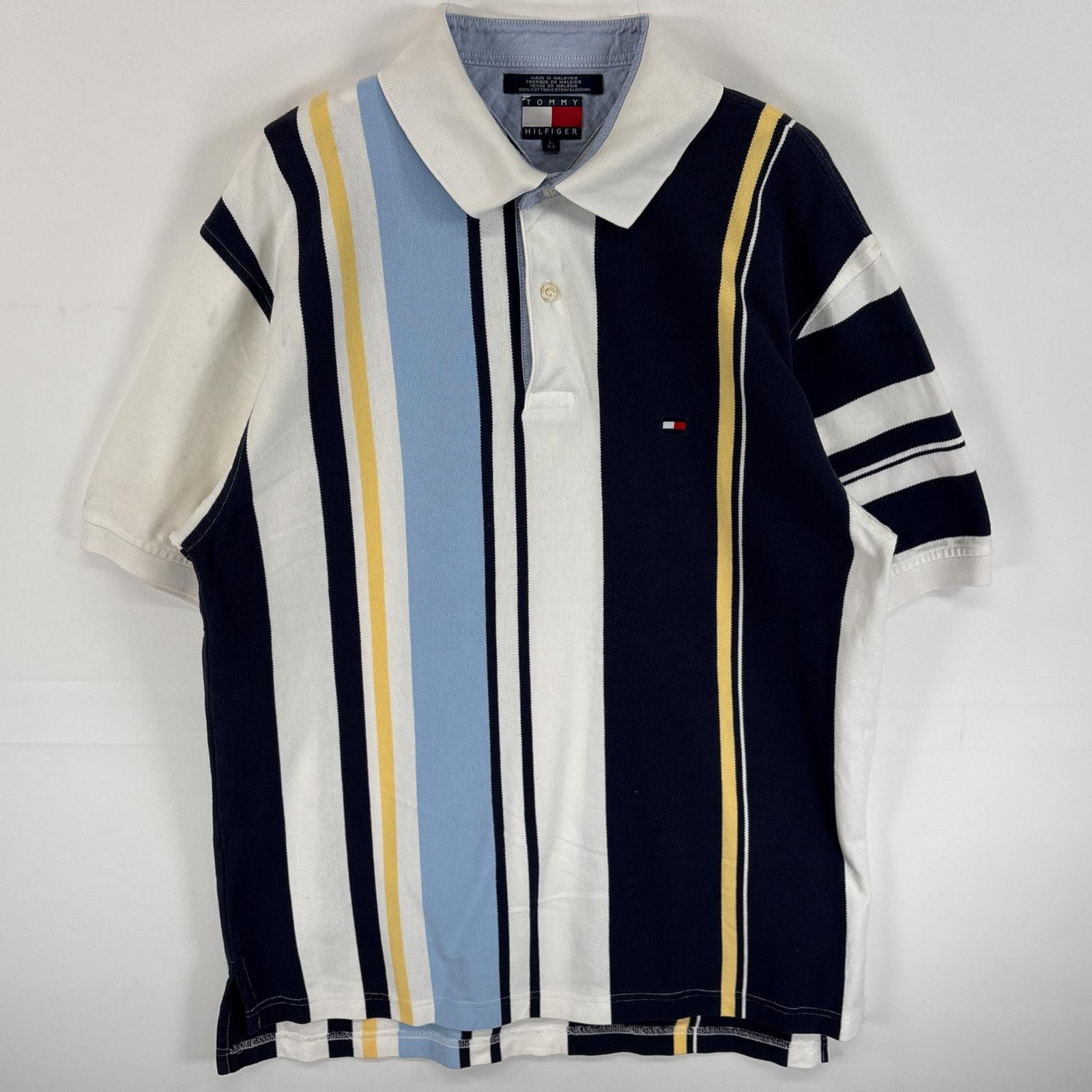 古着 90's/90年代 トミーヒルフィガー TOMMY HILFIGER 鹿の子 半袖 ポロシャツ フラッグタグ ワンポイント ロゴ 刺繍 ストライプ L  ホワイト マルチカラー メンズ