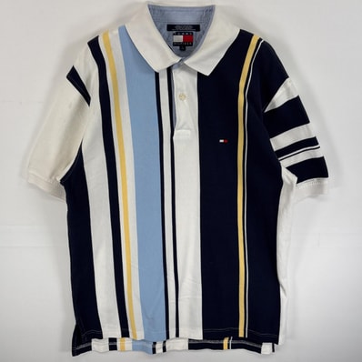 古着 90's/90年代 トミーヒルフィガー TOMMY HILFIGER 鹿の子 半袖 ポロシャツ フラッグタグ ワンポイント ロゴ 刺繍 ストライプ L ホワイト マルチカラー メンズ