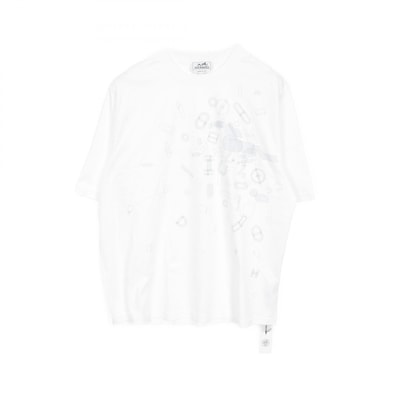 エルメス HERMES FRAGMENTS EQUESTRES カットソー 衣料品 トップス コットン ホワイト メンズ ホワイト系 #XL 【中古】