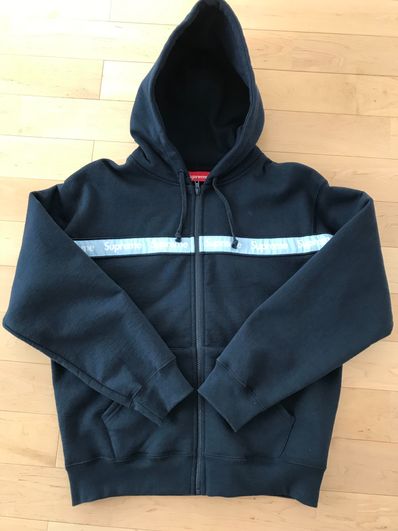 Supreme Text Stripe Zip Up Hooded Sweatshirt "Navy"