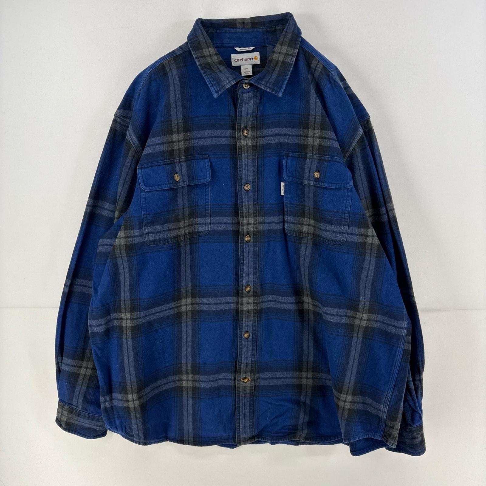 古着 カーハート Carhartt 長袖シャツ 胸ポケット 大きいサイズ チェック ヘビーネルシャツ 2XL  ブルー メンズ