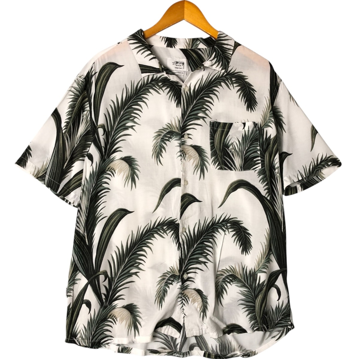 古着 ステューシー STUSSY 総柄 リーフ柄 オープンカラー レーヨン ハワイアンアロハシャツ ボックスシャツ メンズS相当/eaa579452