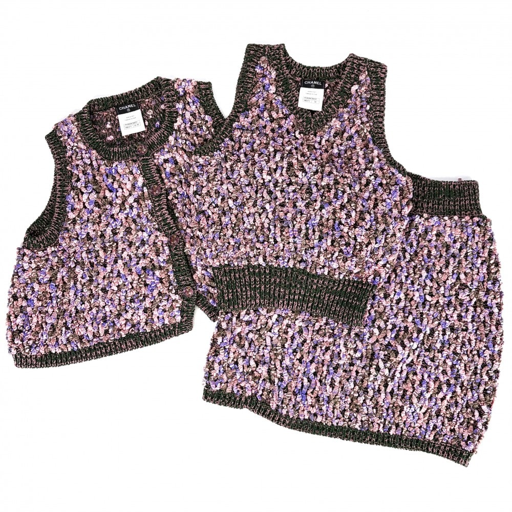 CHANEL シャネル セットアップ ベスト トップス ジャケット スカート 34/36 アパレル 服 ニット ピンク グリーン 緑 コットン シルク その他 レディース 春 秋 美品【中古品】