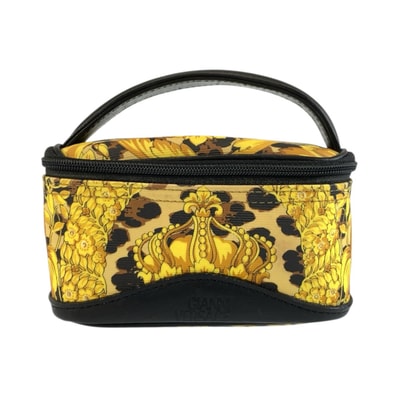 VERSACE ヴェルサーチ サンバースト レオパード柄 イエロー ブラック ゴールド金具 PVC ポーチ バニティバッグ 604021 【中古】