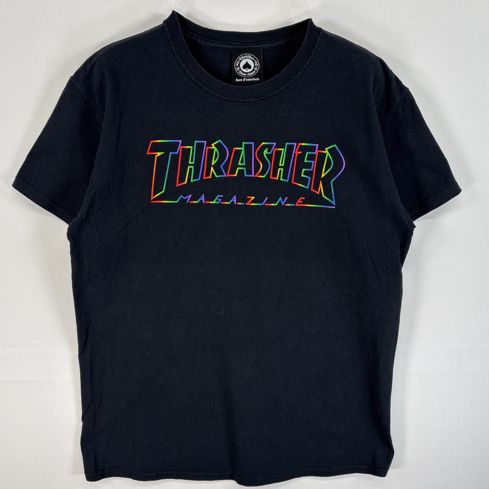 古着 スラッシャー THRASHER 半袖Tシャツ ラバープリント ロゴ スケボー レインボー M  ブラック メンズ