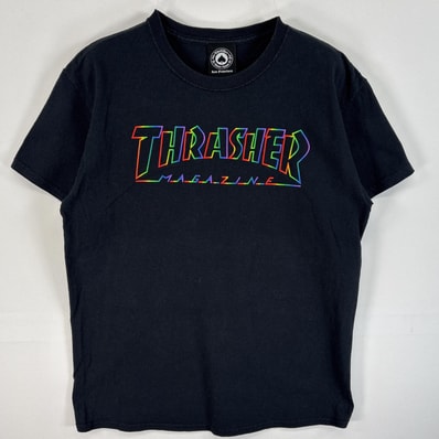 古着 スラッシャー THRASHER 半袖Tシャツ ラバープリント ロゴ スケボー レインボー M ブラック メンズ