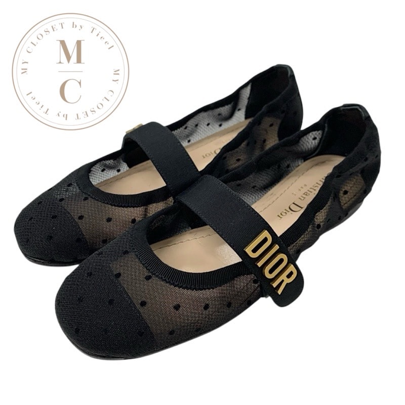クリスチャンディオール CHRISTIAN DIOR BABY-D フラットシューズ 靴 シューズ メッシュ ファブリック ブラック 黒 ゴールド ロゴ ドット