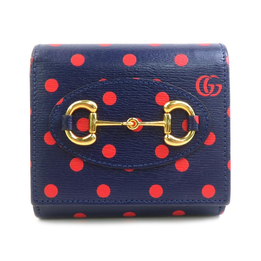 グッチ GUCCI 二つ折り財布 ホースビット レザー ネイビー×レッド ゴールド レディース 621891【中古】 e61985i
