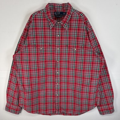 古着 90's/90年代 ポロバイラルフローレン Polo by Ralph Lauren 長袖シャツ ウェスタン フラップポケ スナップボタン XL レッド系 マルチカラー メンズ
