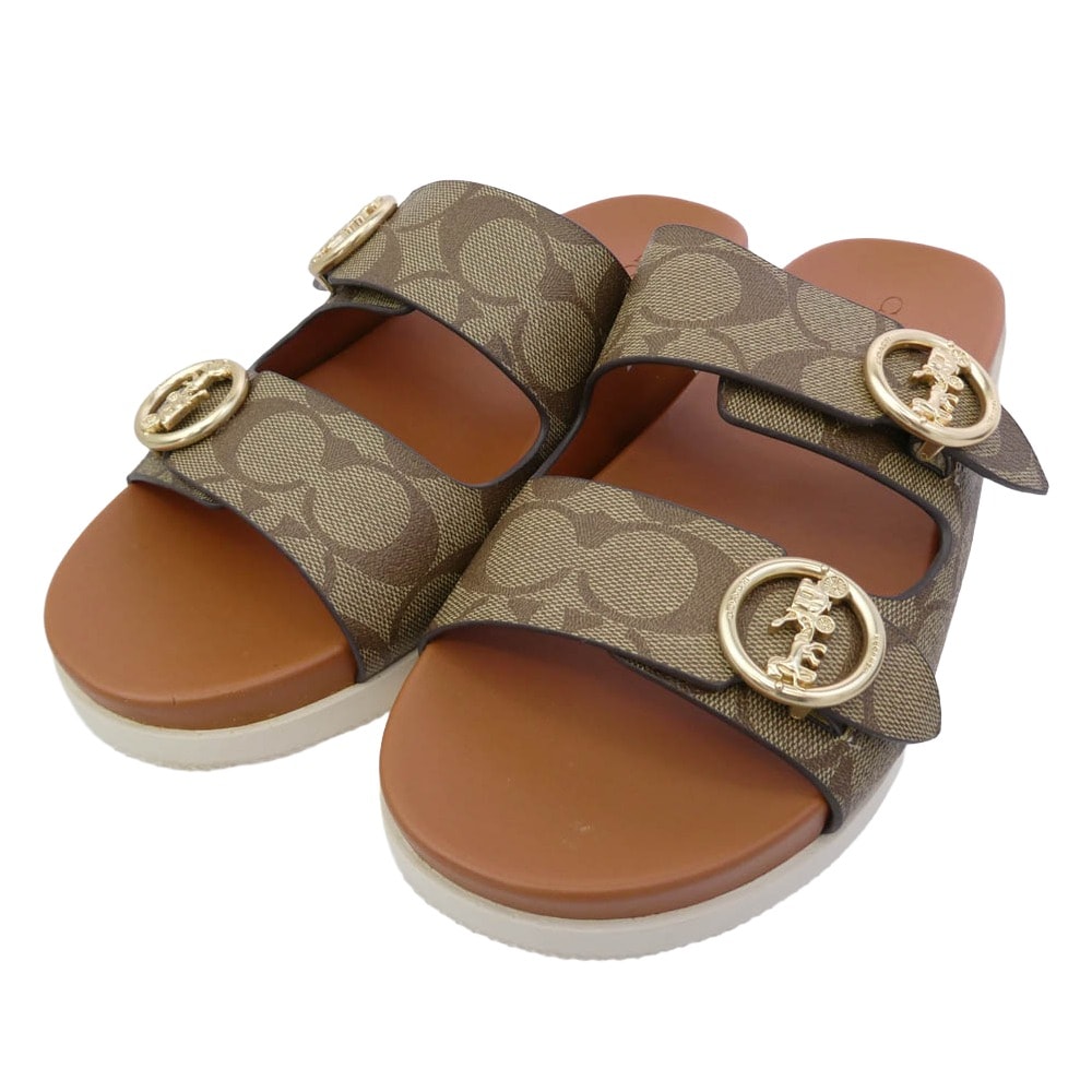 COACH コーチ サンダル G5137 GABLE SIG SANDAL シグネチャー ベルト ストラップ レザー サンダル ブラウン系 8【中古】