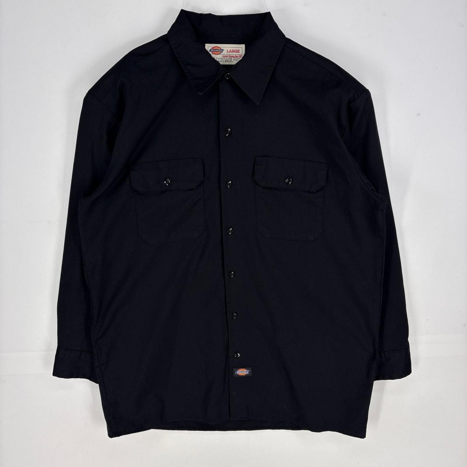 古着 ディッキーズ Dickies 長袖シャツ ワーク ロングスリーブ 胸ポケット L ブラック系 無地 メンズ