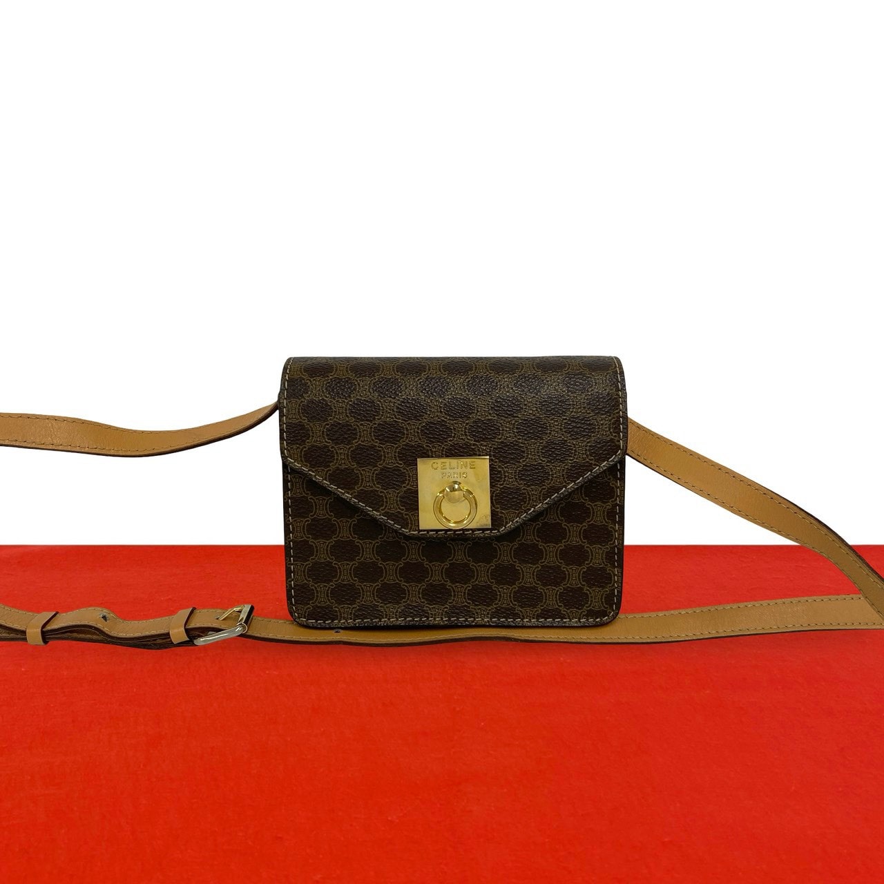CELINE セリーヌ マカダム ブラゾン 柄 リング金具 レザー PVC ショルダーバッグ ブラウン
 66942