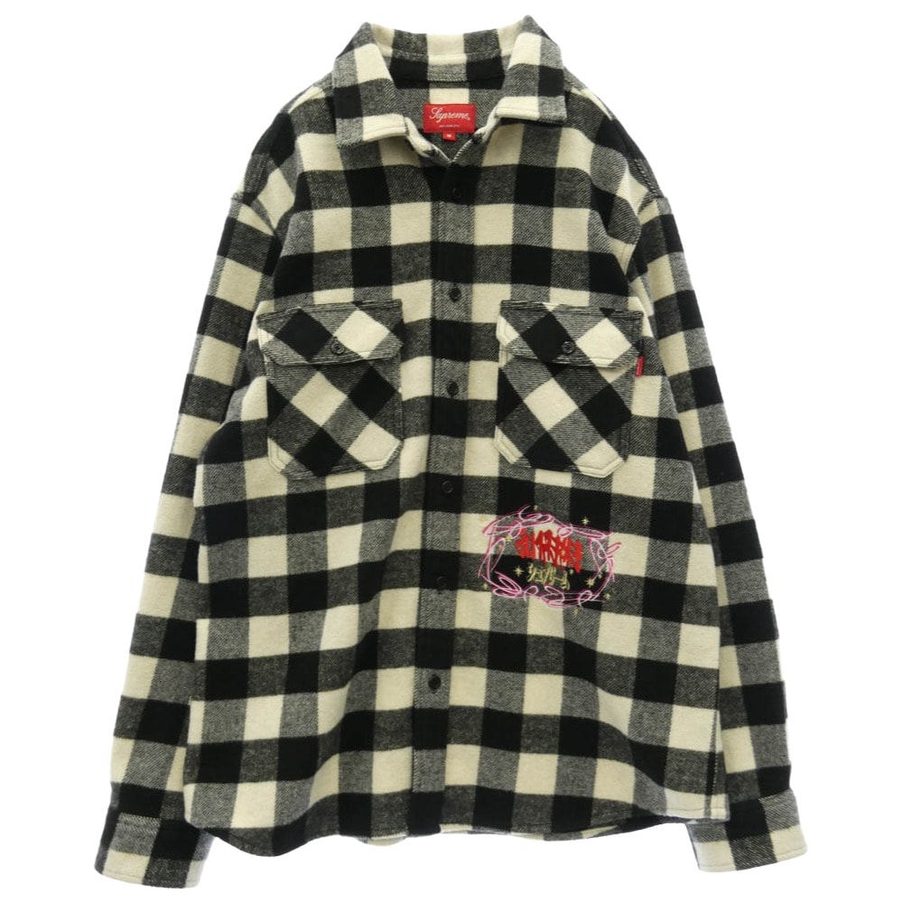 Supreme シュプリーム 19AW 1-800 Buffalo Plaid Shirt ロゴ刺繍 バッファローチェック ウール 長袖シャツ ブラック系 ホワイト系 M【中古】