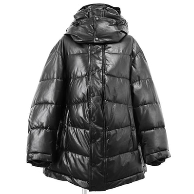 BALENCIAGA バレンシアガ ダウンジャケット カウレザー 2020年製 オーバーサイズ フード取り外し可能 2WAY アウター レディース サイズ 36 ブラック 黒 イタリア製