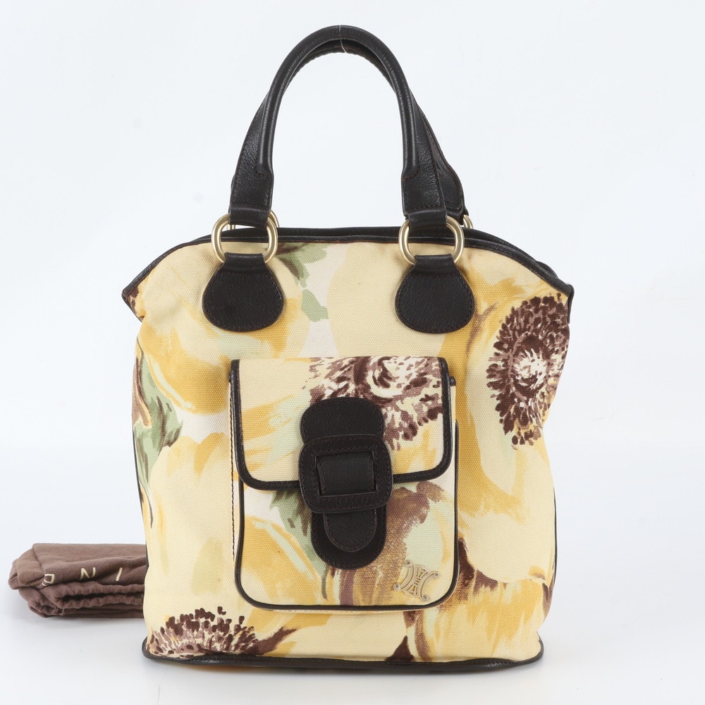 ■美品 セリーヌ フラワー 花柄トート バッグ レザー×キャンバス
