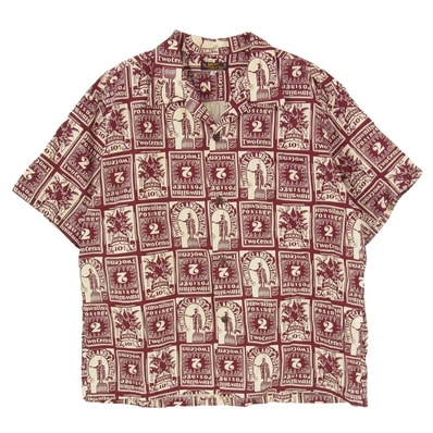 SUN SURF サンサーフ SS39096 COTTON HERRINGBONE OPEN SHIRT HAWAIIAN STAMP コットン ヘリンボーン オープン ハワイアン 半袖アロハシャツ エンジ系 XL【美品】【中古】