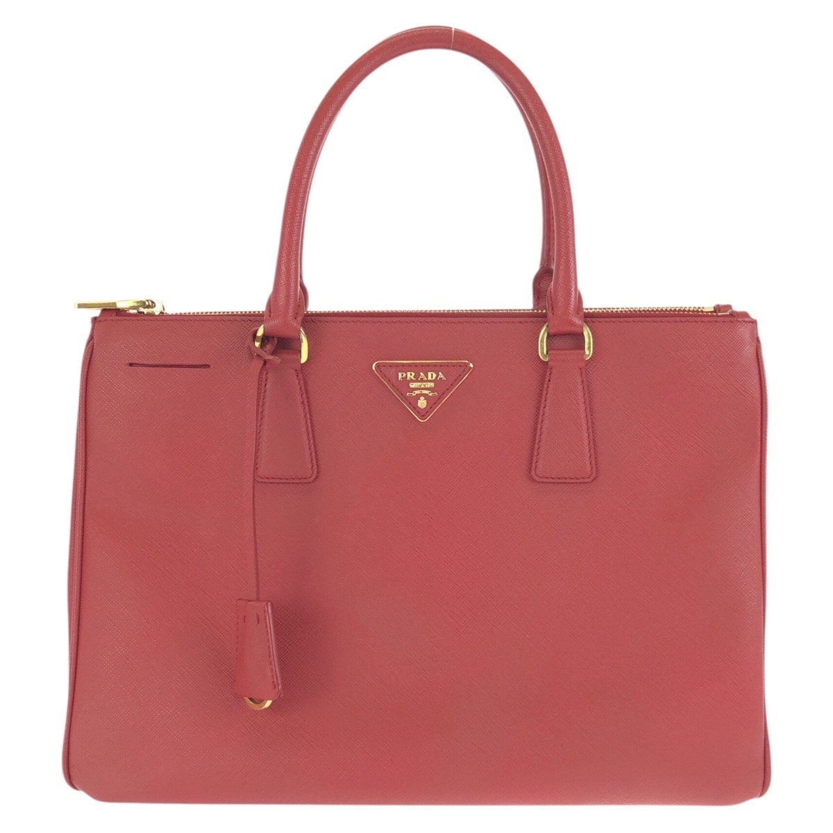 美品 PRADA プラダ サフィアーノ 三角ロゴプレート レッド ゴールド金具 レザー トートバッグ ハンドバッグ 602535 【中古】