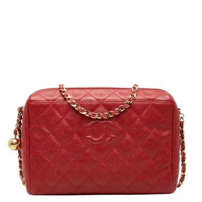 シャネル マトラッセ ココマーク 斜め掛け チェーン ショルダーバッグ レッド キャビアスキン レディース CHANEL 中古