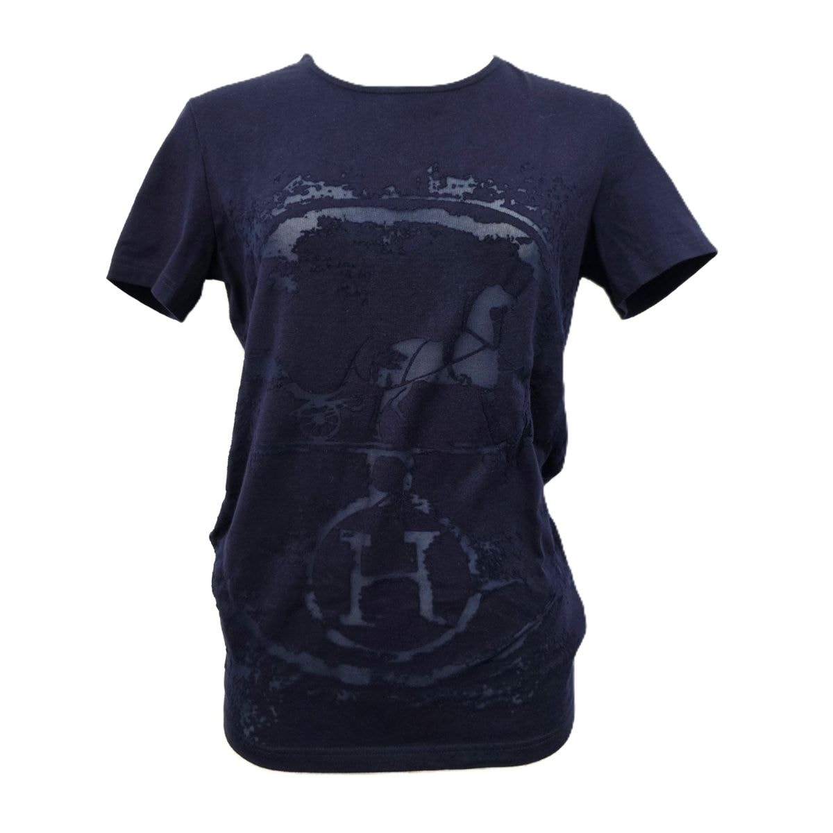 HERMES エルメス Caleche・カレージュ 馬車 Hロゴ 透かし ゴルチェ期 半袖Tシャツ 38 コットン ネイビー  レディース【中古】