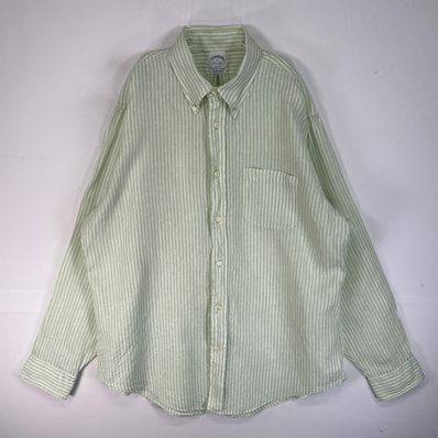 古着 ブルックスブラザーズ Brooks Brothers 長袖シャツ リネン ボタンダウン IRISH LINEN XL グリーン系 ストライプ メンズ