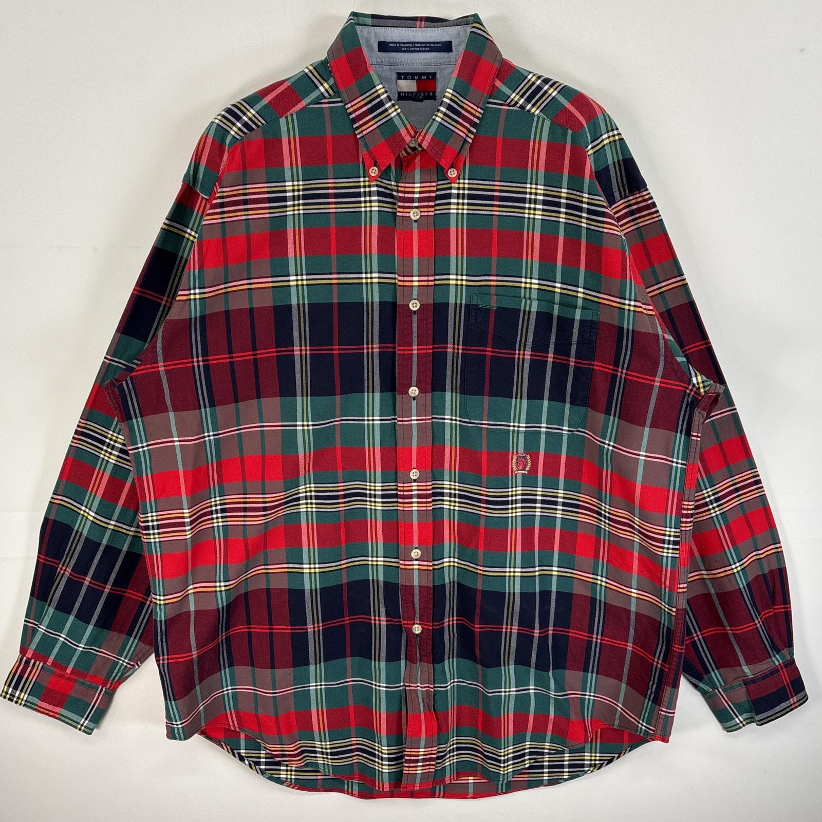 古着 90's/90年代 トミーヒルフィガー TOMMY HILFIGER 長袖シャツ チェック ボタンダウンシャツ ロゴ 刺繍 M  レッド系 マルチカラー メンズ
