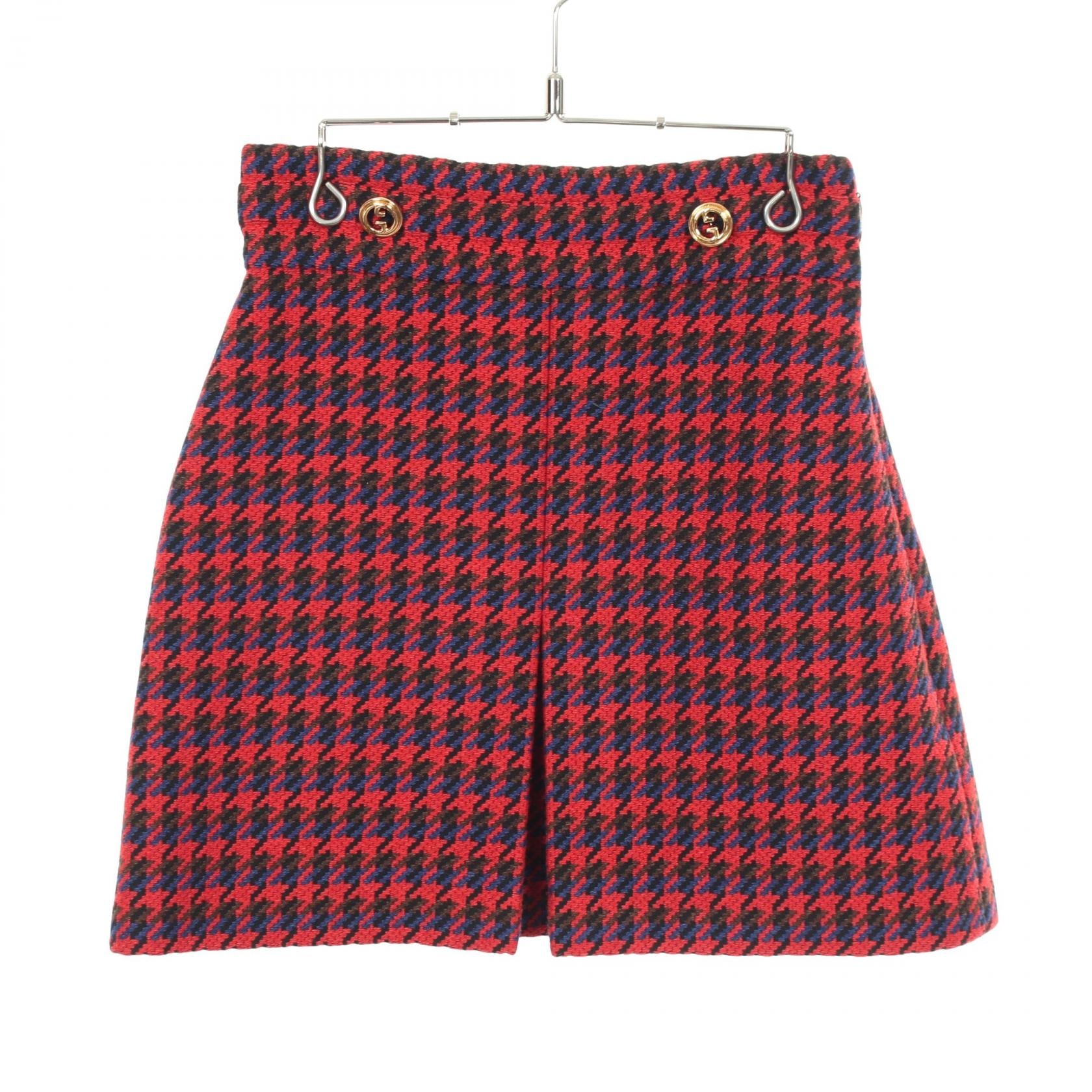 グッチ GUCCI ダブルロゴGボタン 千鳥格子柄 スカート 衣料品 ボトムス ウール レディース レッド系 / マルチカラー 【中古】