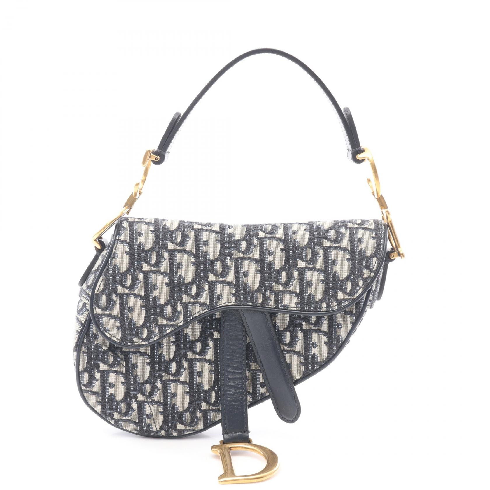 ディオール Dior サドルバッグ ミニ オブリークジャカード ハンドバッグ バッグ キャンバス レザー レディース アイボリー系 / ネイビー系 【中古】