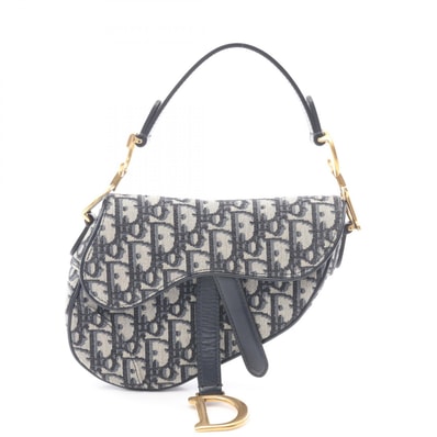 ディオール Dior サドルバッグ ミニ オブリークジャカード ハンドバッグ バッグ キャンバス レザー レディース アイボリー系 / ネイビー系 【中古】