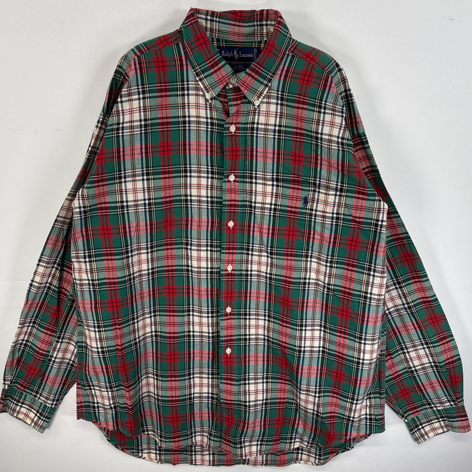 古着 90's/90年代 ラルフローレン RALPH LAUREN 長袖シャツ ワンポイント ロゴ 刺繍 チェック ボタンダウンシャツ XL  グリーン系 マルチカラー メンズ