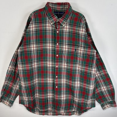 古着 90's/90年代 ラルフローレン RALPH LAUREN 長袖シャツ ワンポイント ロゴ 刺繍 チェック ボタンダウンシャツ XL グリーン系 マルチカラー メンズ